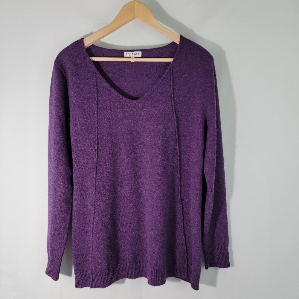 Knit & Link Women's Purple  100% Cashmere V-neck Ribbed Cuffs Sweater Sz Medium